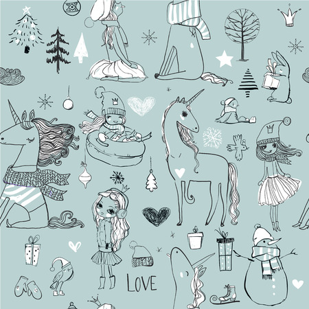 doodle seamless pattern with winter hand drawn princess with unicornのイラスト素材