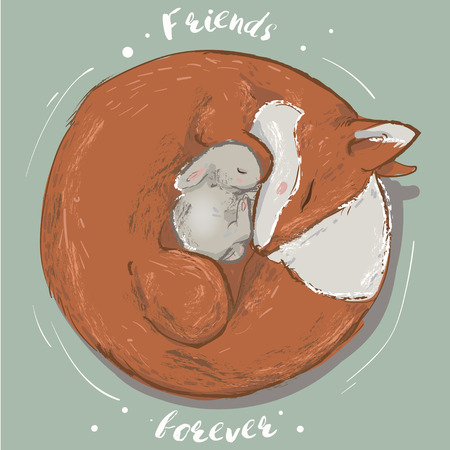 cute sleeping little hare and fox. vector iluustrationのイラスト素材