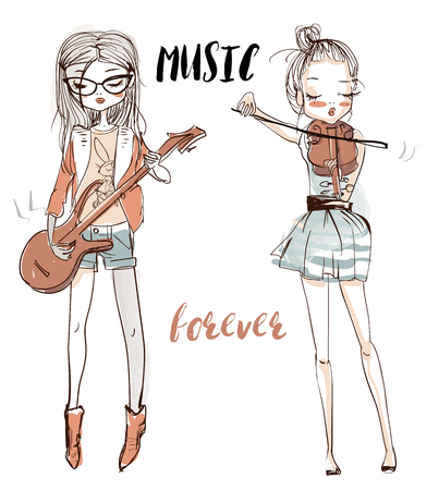 beautiful girls with the musical instrumentsのイラスト素材