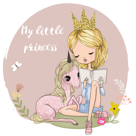 cute cartoon girl with unicorn and bookのイラスト素材