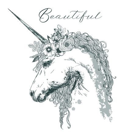 beautiful unicorn with floral wreathのイラスト素材