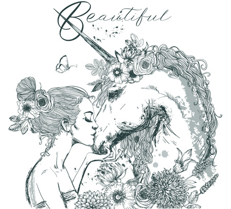 Beautiful unicorn with young womanのイラスト素材