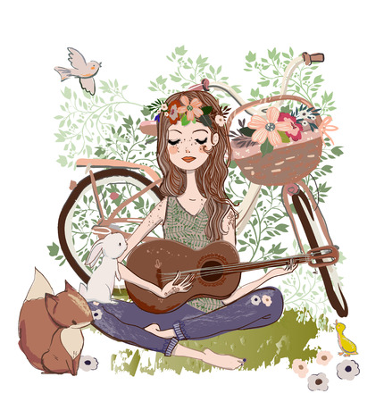 Cartoon young woman with guitar and bikeのイラスト素材