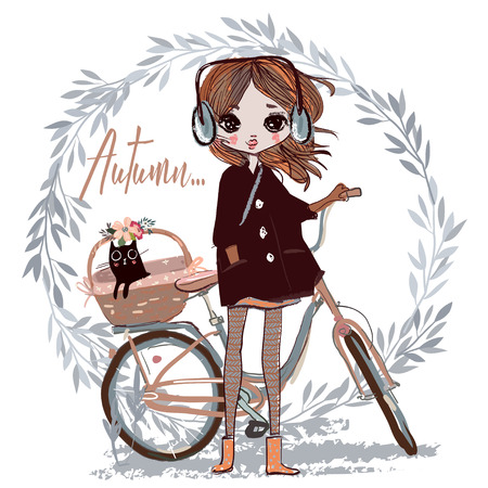 Cute autumn girl with cat.のイラスト素材