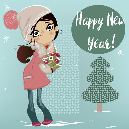 cute winter girl with Christmas tree on her handsのイラスト素材