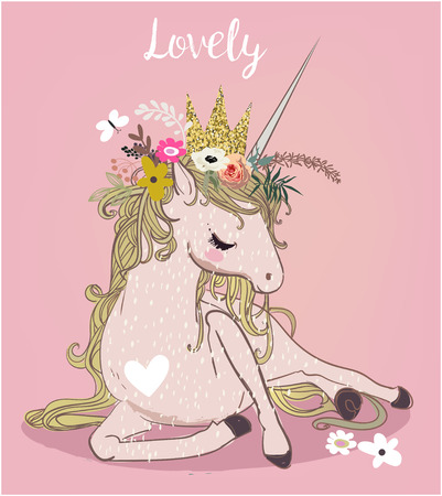 Cute cartoon unicorn with flower wreath and heartのイラスト素材