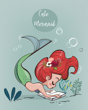 Cute cartoon pink mermaid with book - vector illustrationのイラスト素材