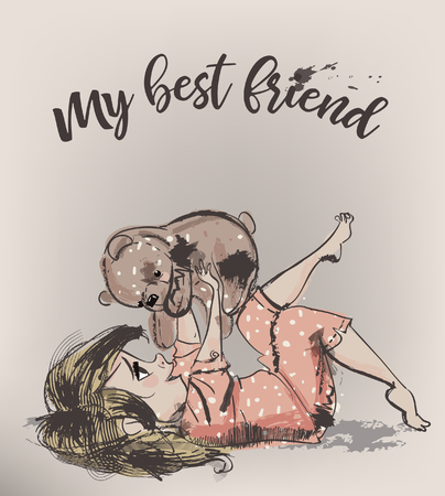 Little girl with teddy bear.のイラスト素材