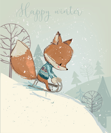 Cute fox on sleighのイラスト素材
