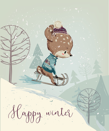 Cute fawn on sleighのイラスト素材