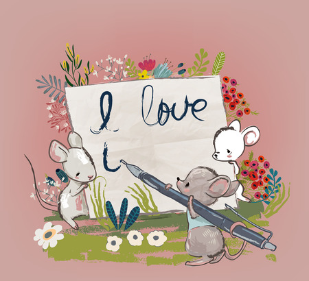 Cute mice writing illustrationのイラスト素材