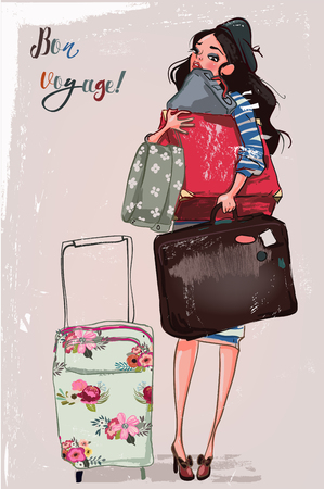 cute cartoon girl with bags Vector illustration.のイラスト素材