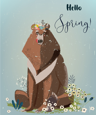 colorful spring bear with flowers. vector illustrationのイラスト素材