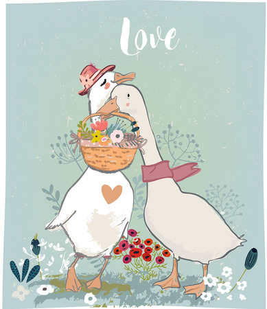 couple of cute farm birds - gooses and floral elementsのイラスト素材