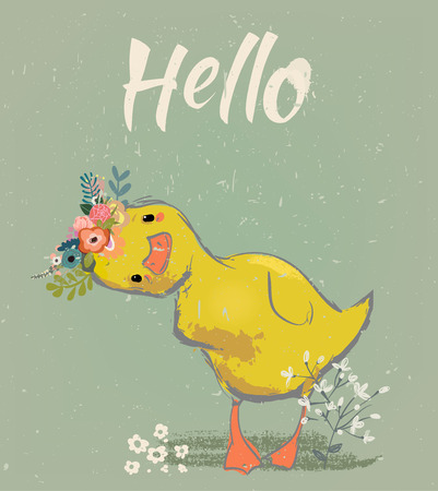 little duckling with a floral wreathの写真素材