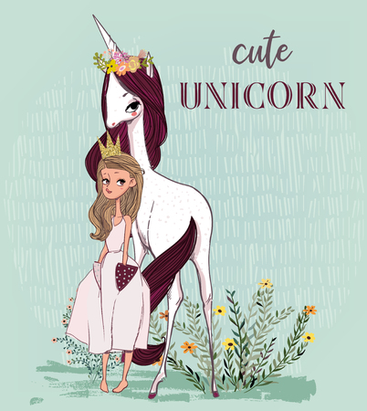 Cute unicorn with princessのイラスト素材