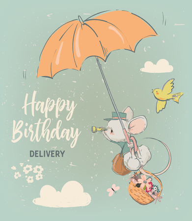 cute birthday mouse with flowers. vector illustrationのイラスト素材