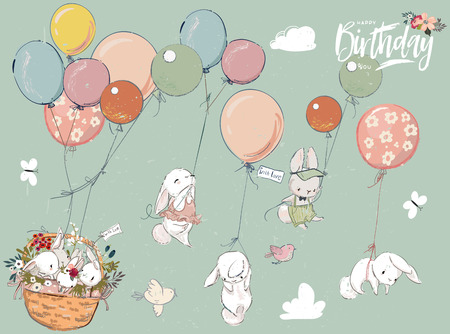 Little hares collection with balloonの写真素材