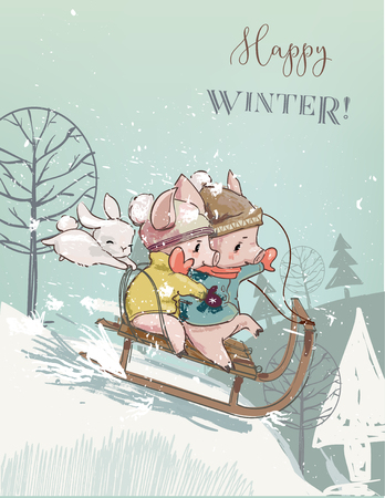 Cute pigs on sleighの写真素材