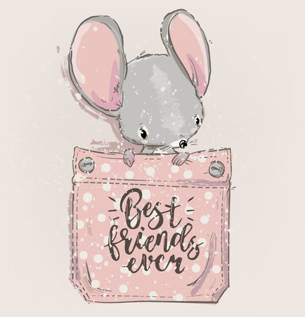 cute lovely cartoon mouse on pocket. Vector cardのイラスト素材