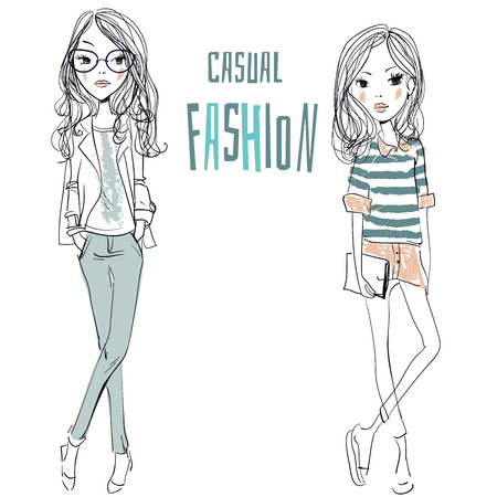 cute cartoon fashion sketched girlsのイラスト素材