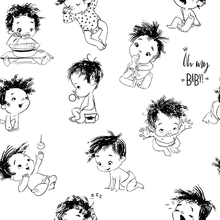 lovely seamless background with cartoon little baby boyのイラスト素材