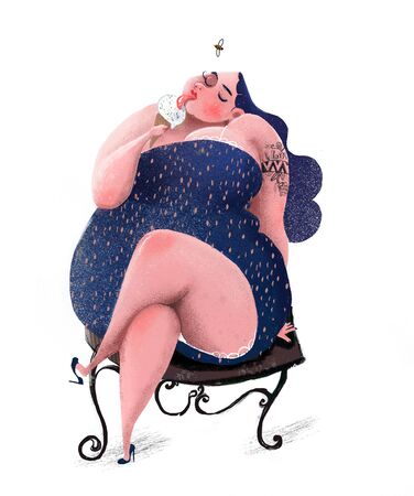 fat young woman with icecreamの写真素材