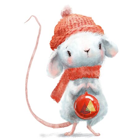 cute little mouse with red hat and christmas ballの写真素材