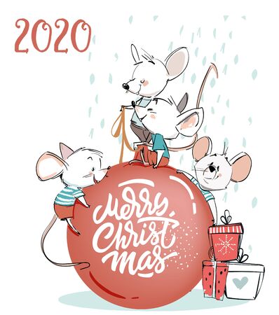 four little mouses with christmas ballのイラスト素材