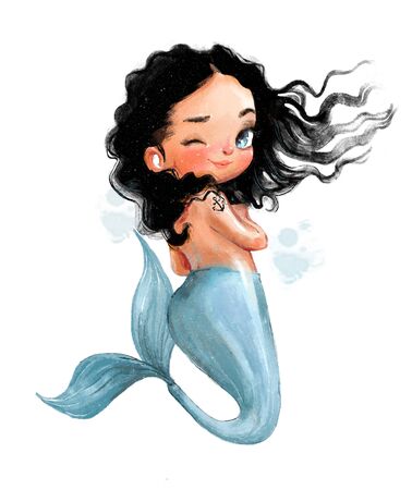 Cute cartoon little mermaid with black hairsの写真素材