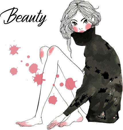 cute cartoon fashion sketched girls with watercolor spotsのイラスト素材