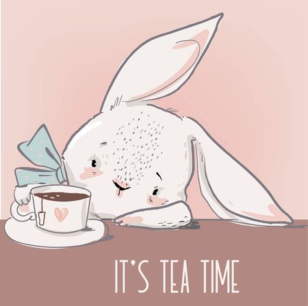 cute little white cartoon hare with teaのイラスト素材
