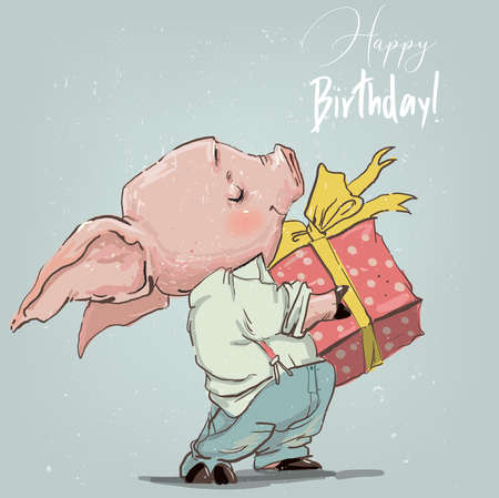 cute pig boy with present boxのイラスト素材