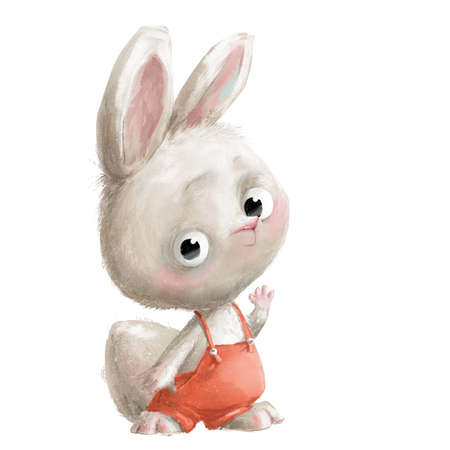 cute little white cartoon hare with pantsの写真素材