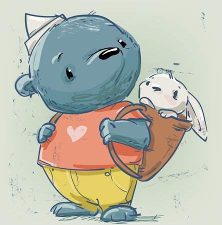 cute cartoon teddy bear with little white hareのイラスト素材