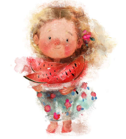 cute little girl with watermelon in handsの写真素材
