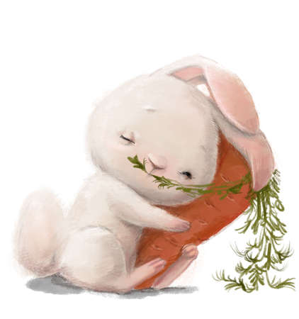 cute cartoon white rabbit with a carrotの写真素材