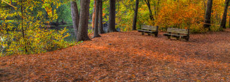 Colorful scenic Landscape in High Dynamic Range with bench