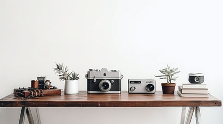 Vintage camera on wooden shelf with copy space on white wall backgroundの素材