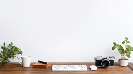 Workplace with keyboard, mouse, camera and coffee cup on wooden tableの素材
