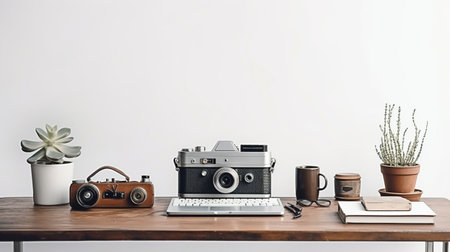 Modern workspace with camera, books and coffee cup on wooden table. Mock upの素材