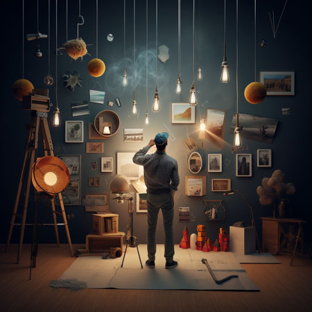 Businessman standing in his office and looking at the wall with light bulbsの素材