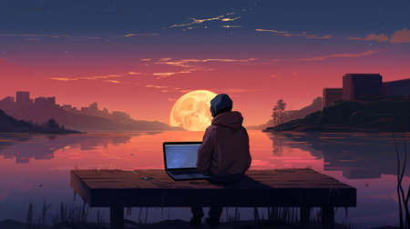 Man sitting on a wooden bench in front of a lake and working on a laptop at nightの素材