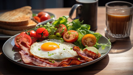 Breakfast with fried eggs, bacon, tomatoes and salad on wooden tableの素材