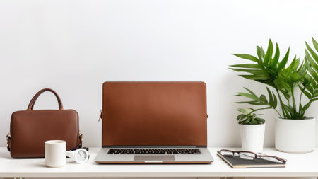 Modern workplace with laptop, coffee cup and plant on white wall backgroundの素材