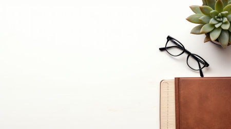 Flat lay workspace with notebook, succulent and eyeglasses on white wooden backgroundの素材