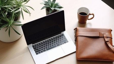 Workplace with laptop and coffee cup on wooden table, stock photoの素材