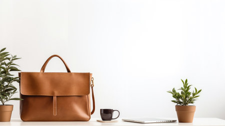 Modern workspace with brown leather bag, coffee cup and plant on white background.の素材