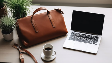 Workplace with laptop, coffee cup and leather bag on the tableの素材