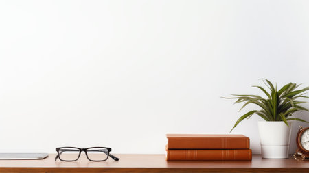 Closeup of a wooden desk with books, glasses and a plantの素材